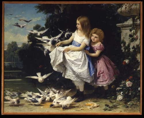 Fanciulle tra colombi in un giardino